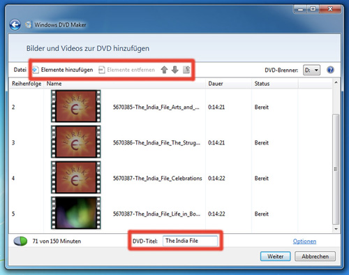 Windows DVD Maker - Filme einfügen