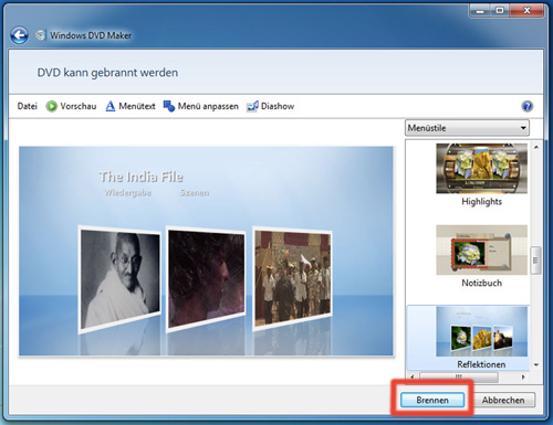 Windows DVD Maker - Menü auswählen und DVD brennen